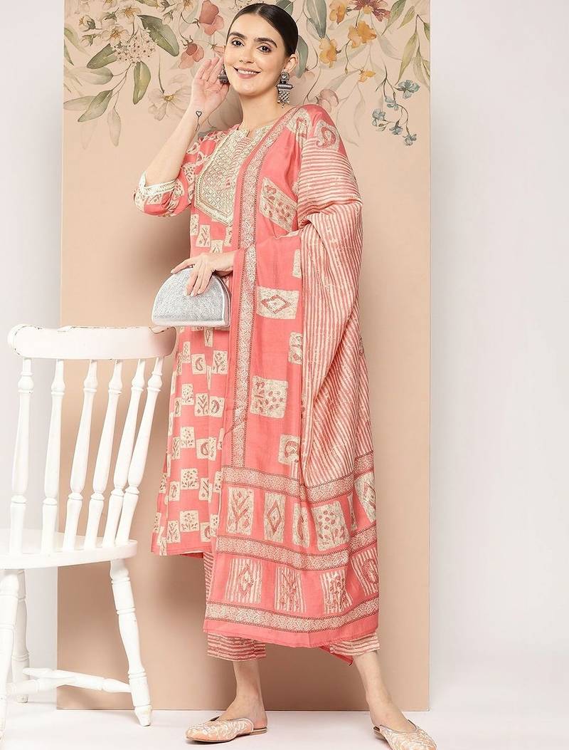 women ethnic motifs printed regular thread work kurta with trousers & with dupatta