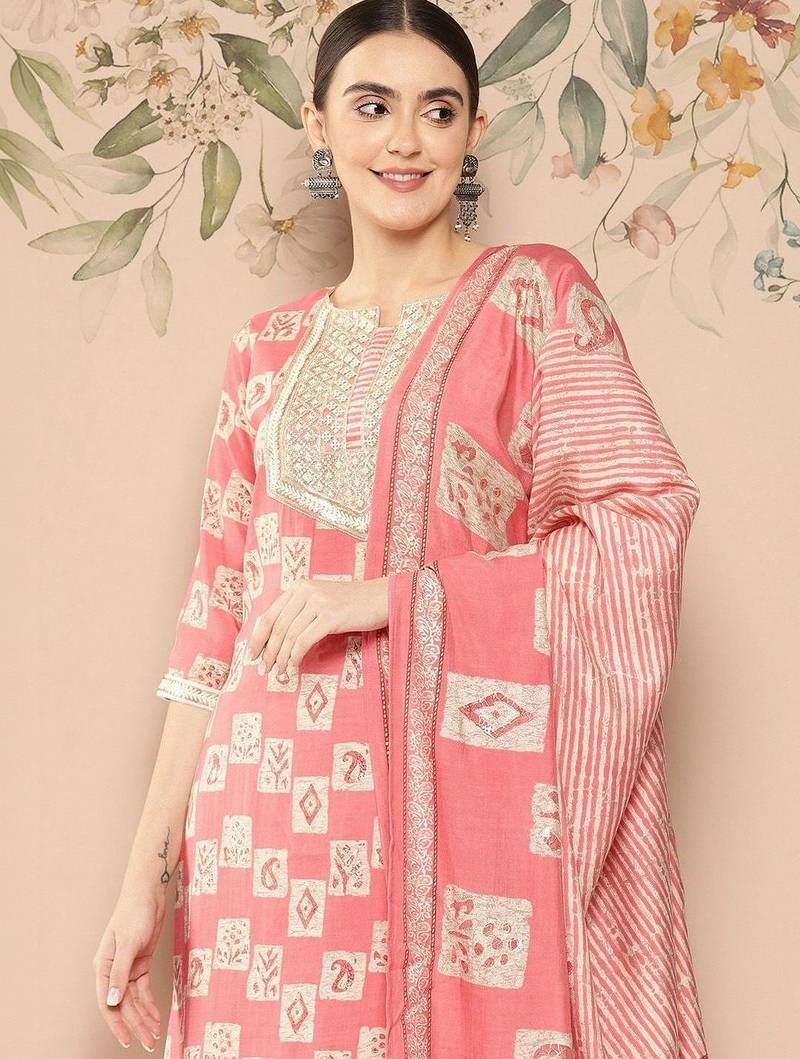 women ethnic motifs printed regular thread work kurta with trousers & with dupatta
