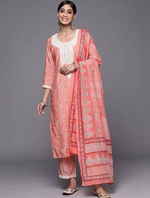 women ethnic motifs printed regular mirror work kurta with trousers & with dupatta 1