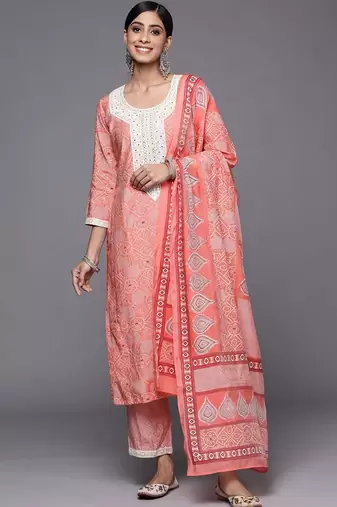 women ethnic motifs printed regular mirror work kurta with trousers & with dupatta