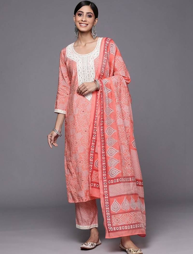 women ethnic motifs printed regular mirror work kurta with trousers & with dupatta