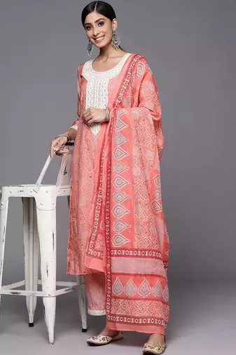 women ethnic motifs printed regular mirror work kurta with trousers & with dupatta