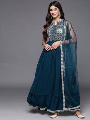 women ethnic motifs embroidered empire thread work kurta with trousers & with dupatta 1