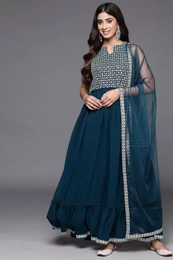 women ethnic motifs embroidered empire thread work kurta with trousers & with dupatta