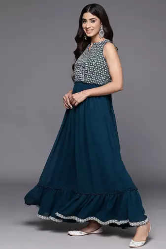 women ethnic motifs embroidered empire thread work kurta with trousers & with dupatta