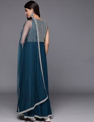 women ethnic motifs embroidered empire thread work kurta with trousers & with dupatta 5