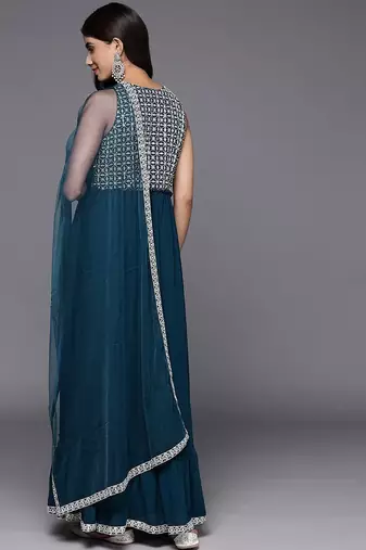 women ethnic motifs embroidered empire thread work kurta with trousers & with dupatta