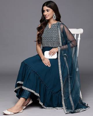 women ethnic motifs embroidered empire thread work kurta with trousers & with dupatta 6