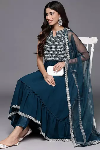 women ethnic motifs embroidered empire thread work kurta with trousers & with dupatta