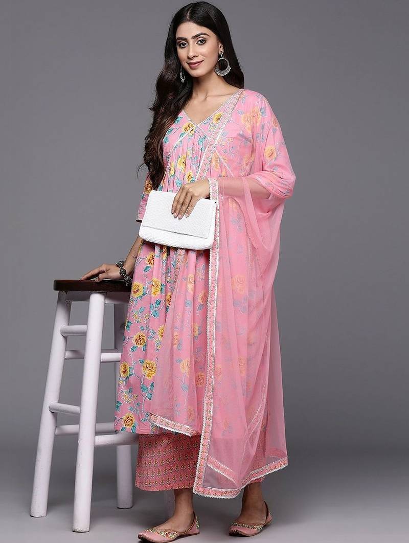 women floral printed tiered kurta with palazzos & with dupatta