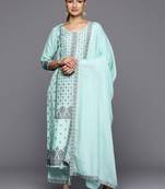 women ethnic motifs printed regular kurta with trousers & with dupatta