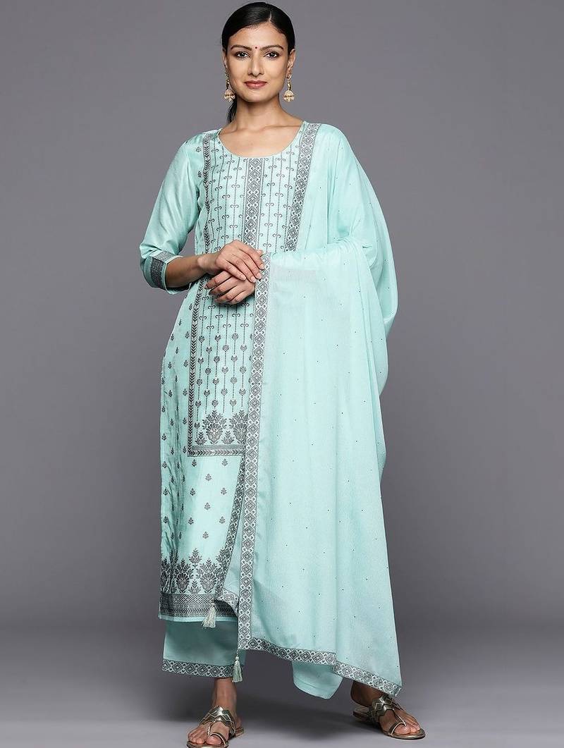 women ethnic motifs printed regular kurta with trousers & with dupatta