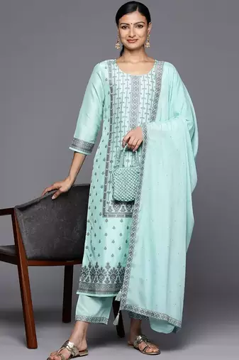 women ethnic motifs printed regular kurta with trousers & with dupatta