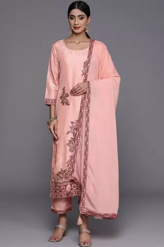 women ethnic motifs embroidered regular thread work kurta with trousers & with dupatta