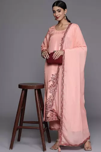 women ethnic motifs embroidered regular thread work kurta with trousers & with dupatta