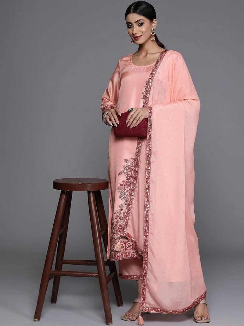 women ethnic motifs embroidered regular thread work kurta with trousers & with dupatta