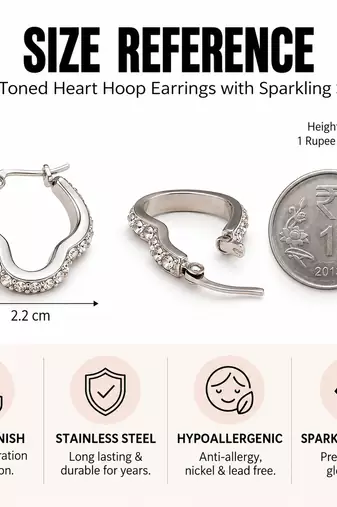 Heart shape crystal hoop earrings, silver tone, anti-tarnish