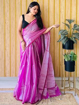 Pink women tissue saree with blouse piece 2