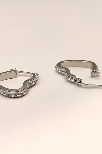 Heart shape crystal hoop earrings, silver tone, anti-tarnish