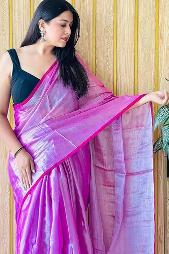 Pink women tissue saree with blouse piece
