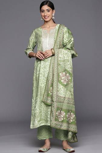 women ethnic motifs printed regular thread work kurta with trousers & with dupatta