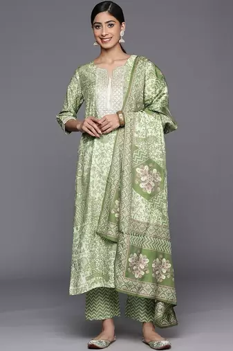 women ethnic motifs printed regular thread work kurta with trousers & with dupatta