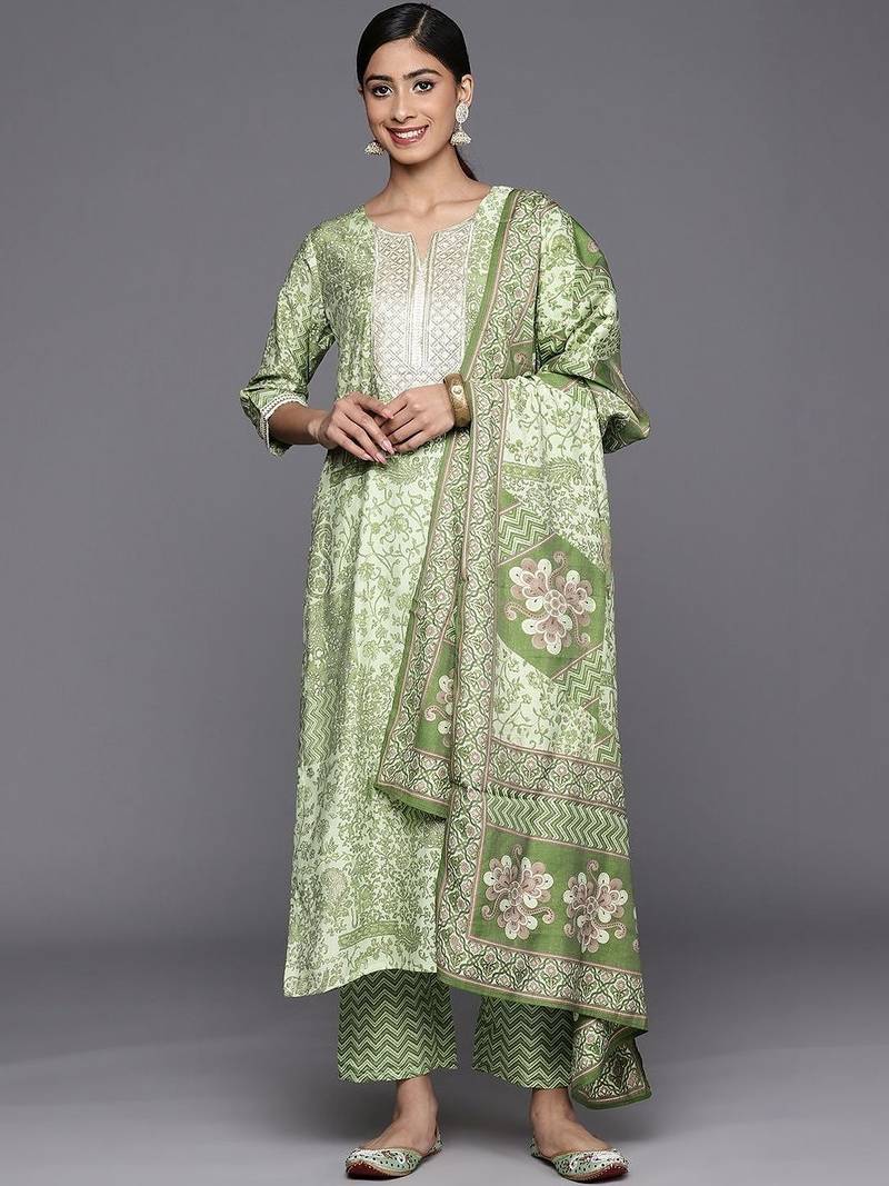 women ethnic motifs printed regular thread work kurta with trousers & with dupatta
