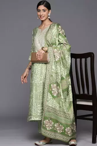 women ethnic motifs printed regular thread work kurta with trousers & with dupatta