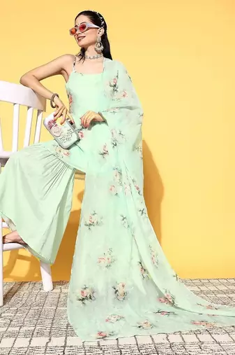 women floral printed regular kurti with sharara & with dupatta