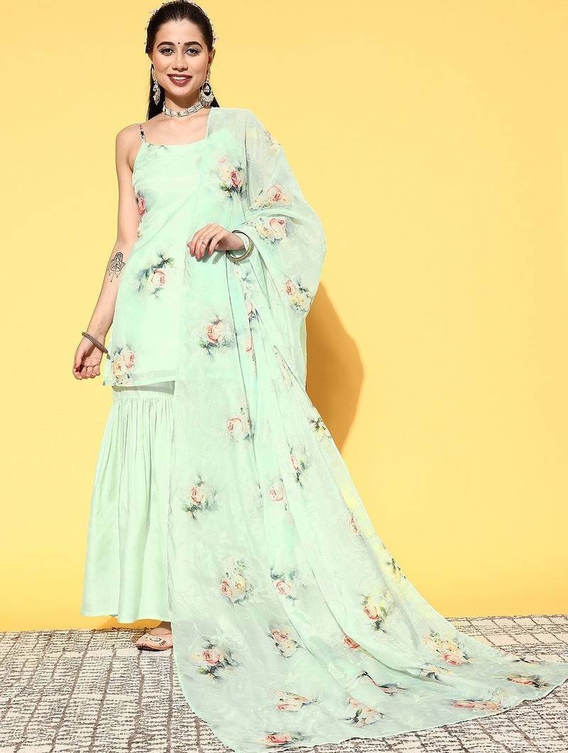 women floral printed regular kurti with sharara & with dupatta