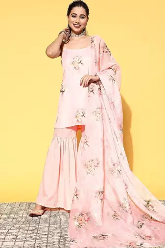 women floral printed regular kurti with sharara & with dupatta