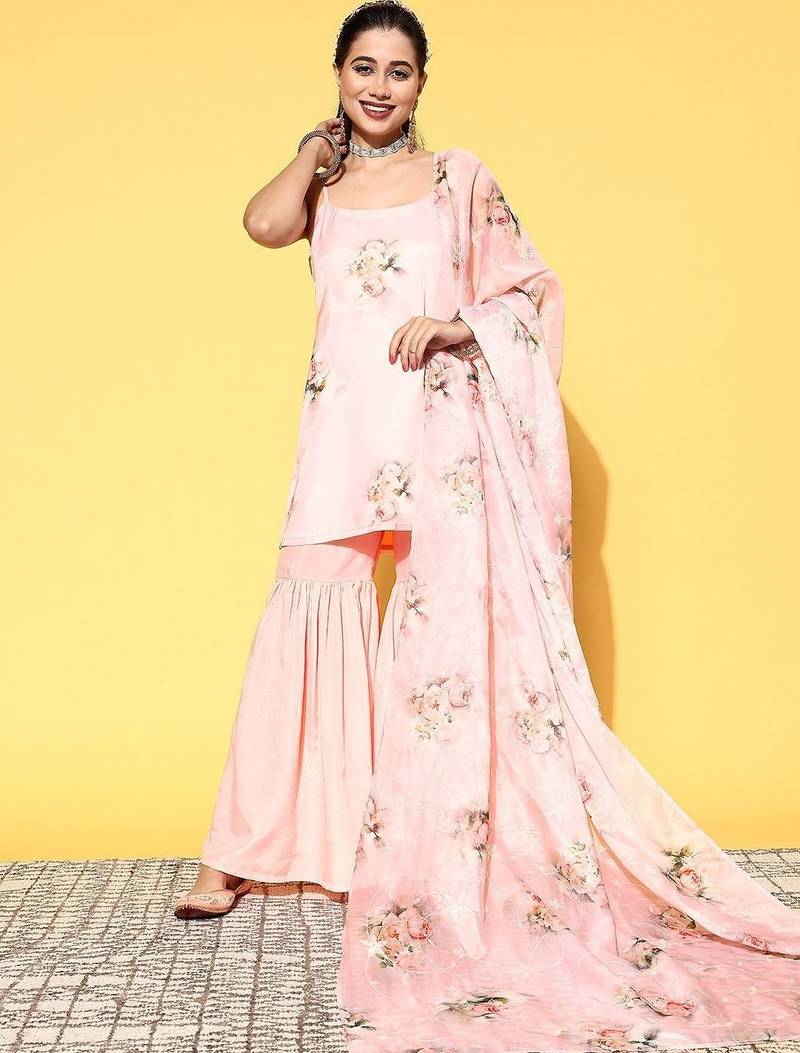 women floral printed regular kurti with sharara & with dupatta