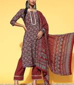women ethnic motifs printed regular thread work kurta with trousers & with dupatta