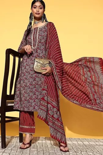 women ethnic motifs printed regular thread work kurta with trousers & with dupatta