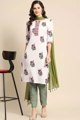 women floral printed regular kurta with trousers & with dupatta