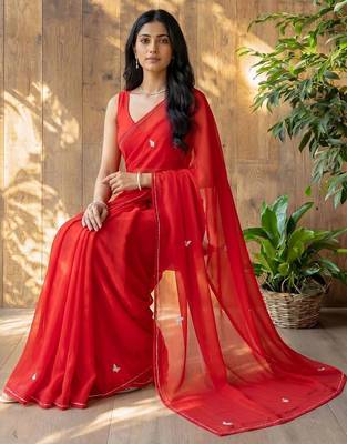 Red floral beads and stones poly georgette designer saree 1