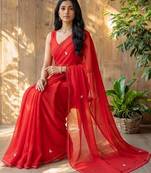 Red floral beads and stones poly georgette designer saree