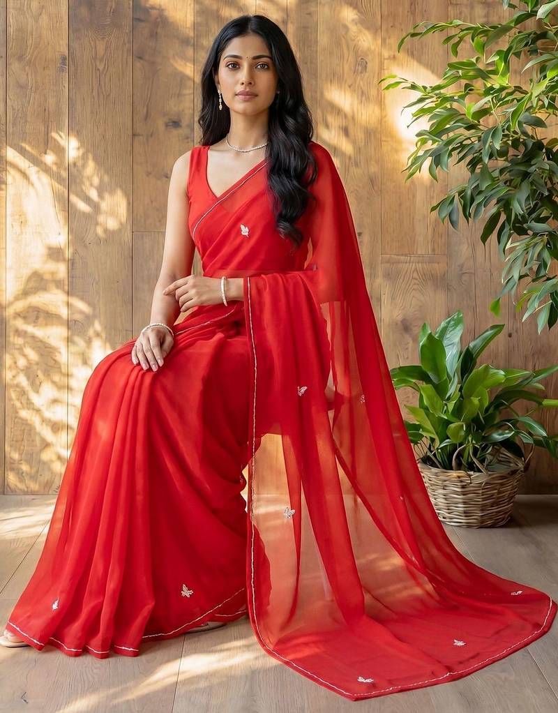 Red floral beads and stones poly georgette designer saree