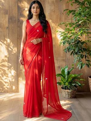 Red floral beads and stones poly georgette designer saree 2