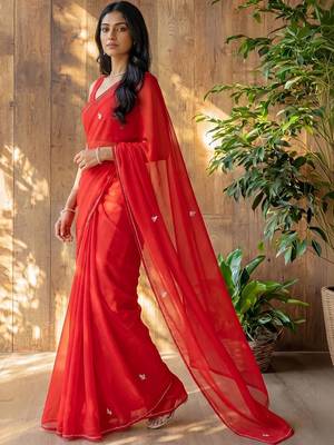Red floral beads and stones poly georgette designer saree 3