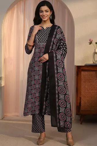women ethnic motifs printed regular kurta with trousers & with dupatta