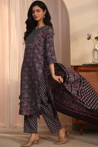 women ethnic motifs printed regular kurta with trousers & with dupatta
