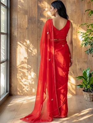 Red floral beads and stones poly georgette designer saree 4