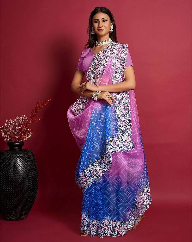Pink bandhani embroidered saree