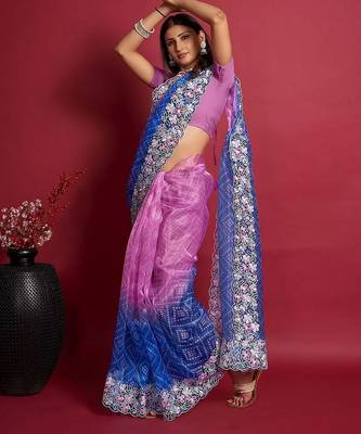 Pink bandhani embroidered saree 2