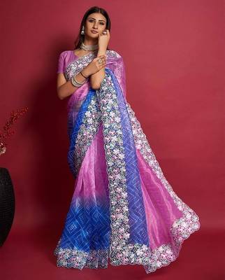 Pink bandhani embroidered saree 3