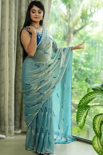 Blue tissue leheriya thread and sequence work saree
