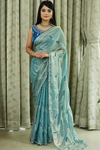 Blue tissue leheriya thread and sequence work saree