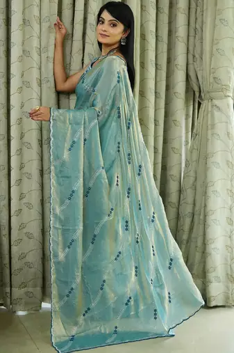 Blue tissue leheriya thread and sequence work saree