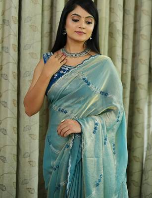 Blue tissue leheriya thread and sequence work saree 4